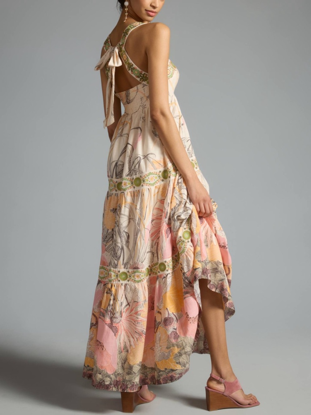 Anthropologie Embroidered Square Neck Tie Back Floral Boho Colorful Maxi Dress M - Picture 2 of 14